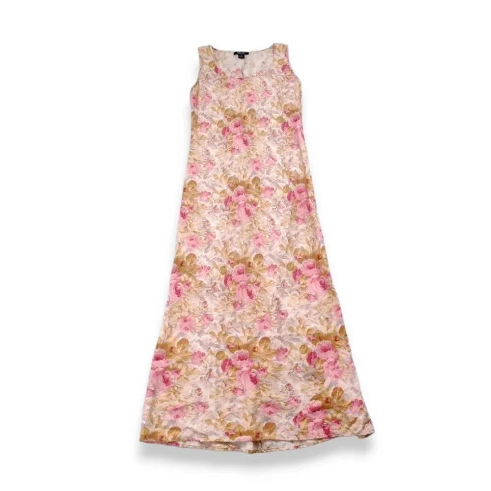 sold-Vintage Karen Kane 100% linen floral cottage boho maxi dress size S - Picture 4 of 6